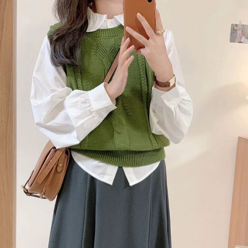 

Японский языковый пуловер, свитер, жилет, Женский винтажный вязаный жилет с круглым вырезом, повседневный дизайнерский жилет без рукавов, с...