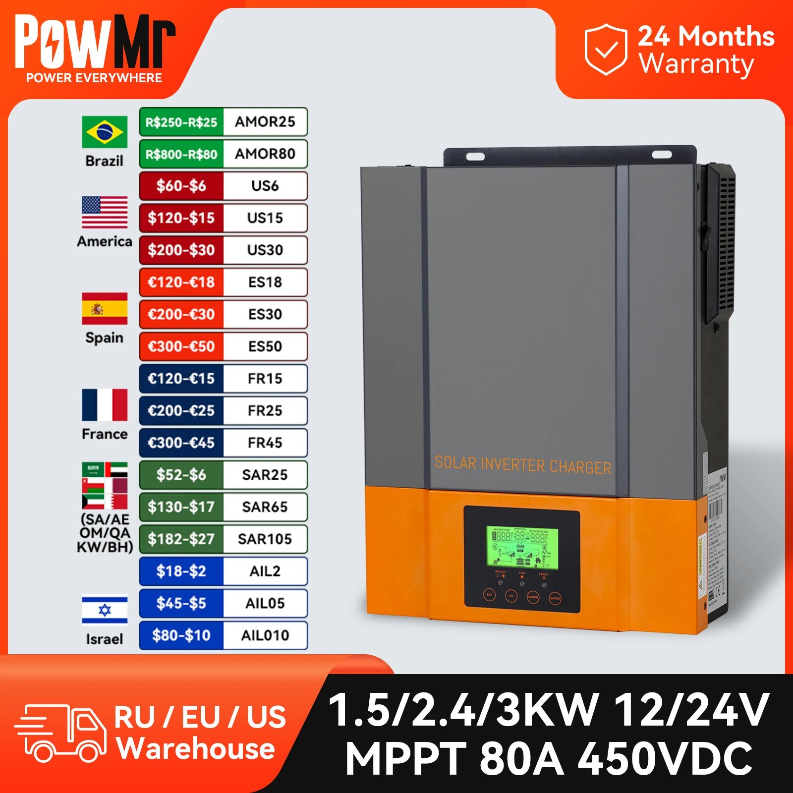 PowMr Hybrid Solar Inverter 12V 24V 3KW 2KW 1.5KW MPPT 80A 220v 230V Converter for Battery Lithium Lead-Acid Pure Sine Wave