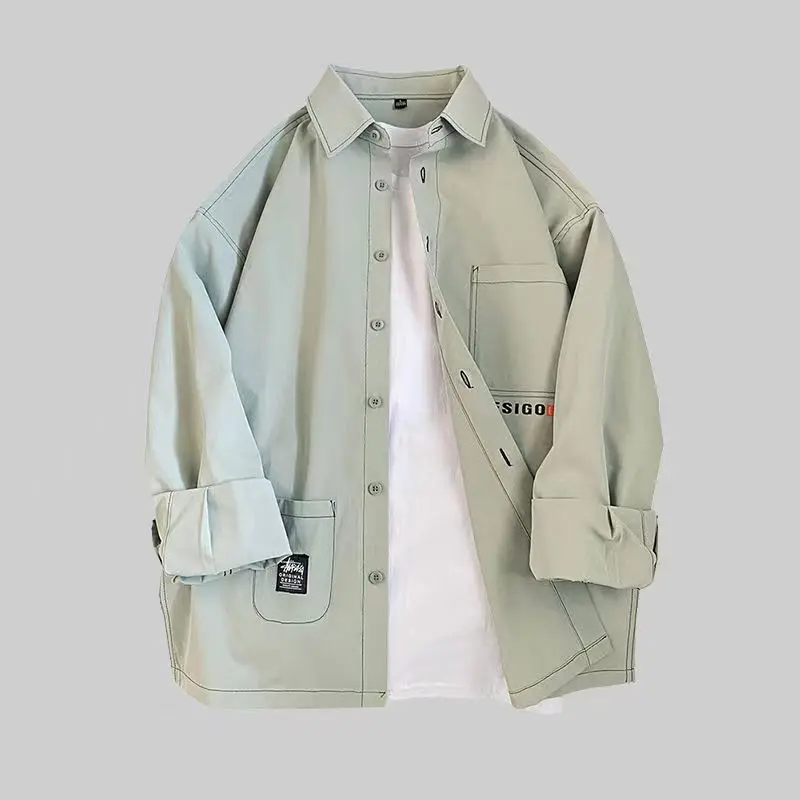 Men's Shirts Workwear Style Long Sleeve Lapel Casual Shirts Pockets Decorative Loose Male Clothing