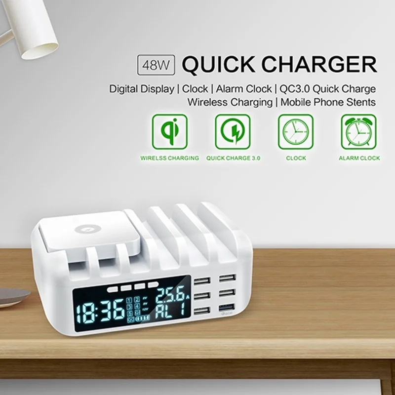 

48W Fast Phone Usb Charger QC 3.0 Wireless Charger LCD Display With Clock for IPhone 11 12 Pro Max Samsung Xiaomi Phone Holder
