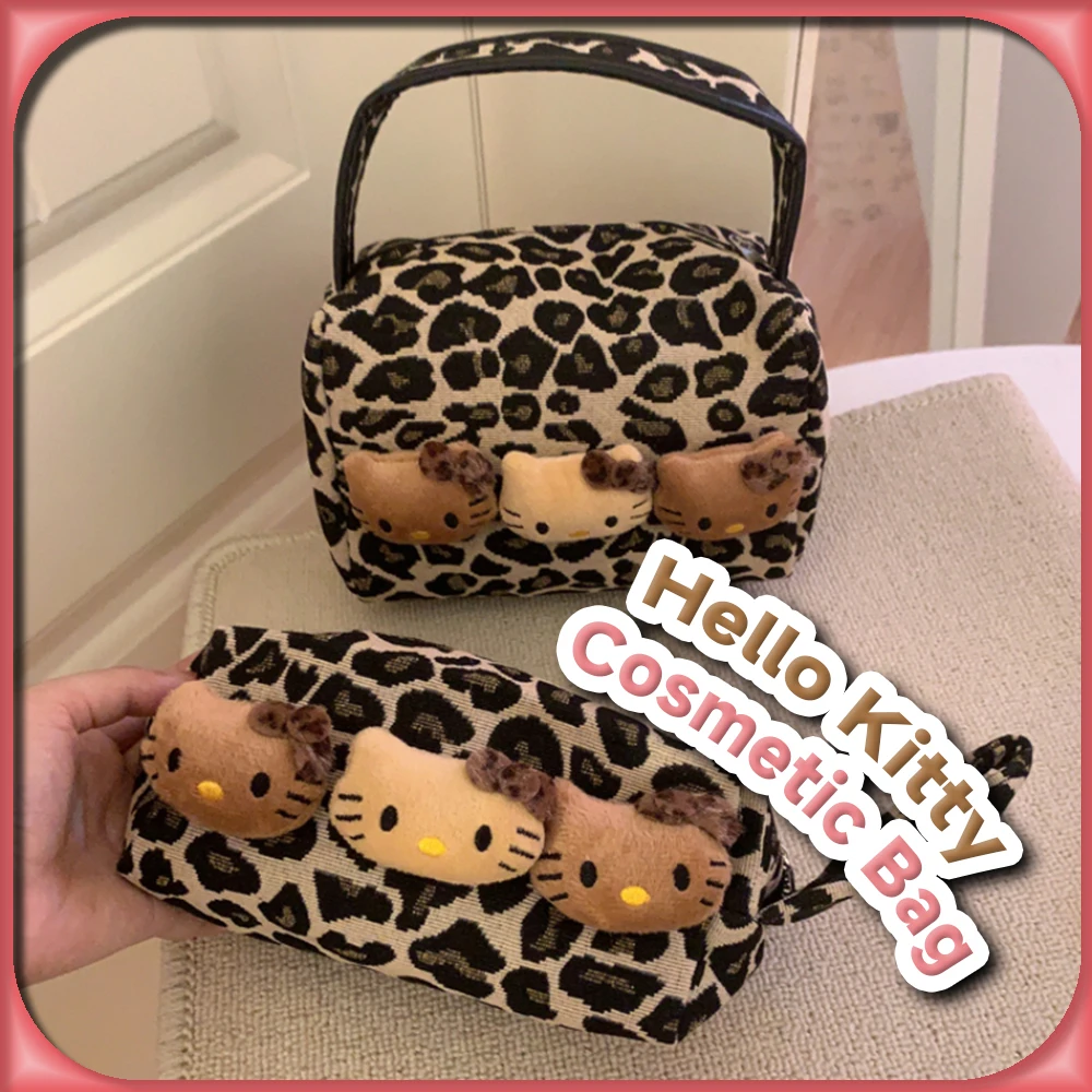 Kawaii Леопардовый принт Тан Hello Kitty Большие косметички Sanrio Аниме Сумка для стирки