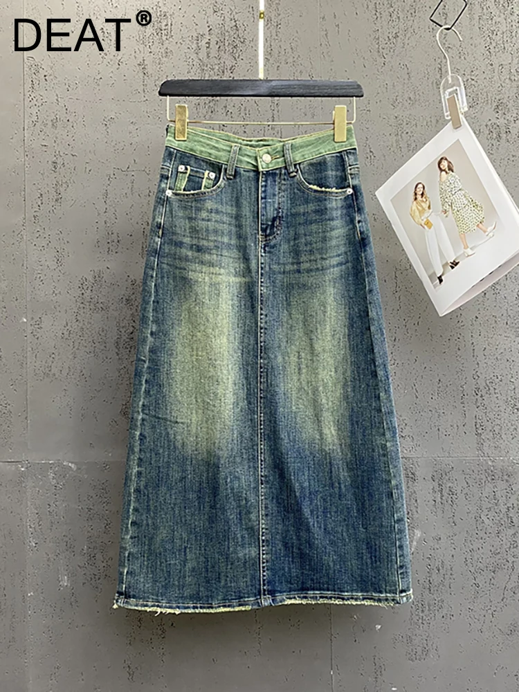 

DEAT Women's Denim Skirt High Waist Contrast Color Patchwork Burrs Pockets Split Long Skirts 2023 Autumn New Fashion 29L3023