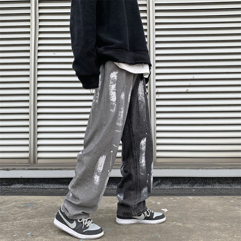 2023 Casual Baggy Jeans Mens Korean Streetwear Fashion Hip Hop Straight Wide Leg Trousers Black Gray