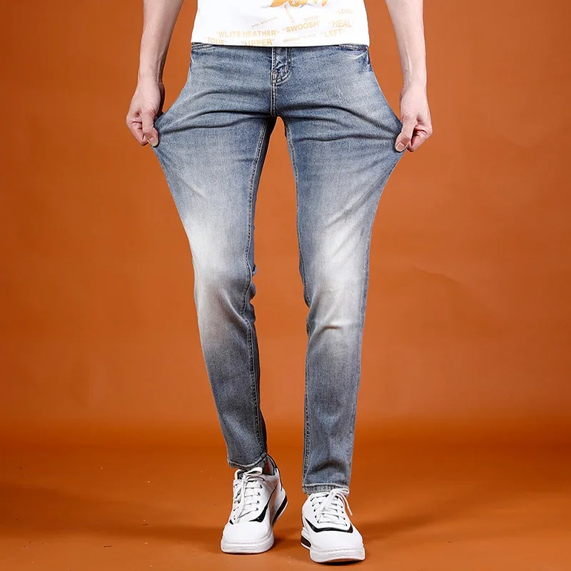 Summer Jeans Men Slim Fit Straight Leg Pants 2022 New Streetwear Casual Light Blue Stretch Denim Trousers