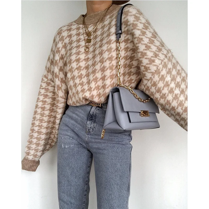 

Ladies Round Neck Casual Ladies Sweater Women 2021 Autumn And Winter Retro Pullover Women Geometric Blue Knitted Sweater Women