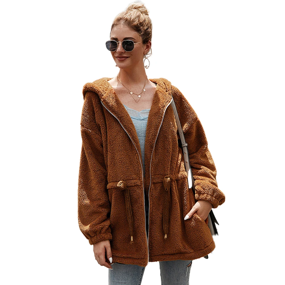 

Женская плюшевая куртка на молнии, элегантная однотонная Повседневная Уличная теплая куртка с капюшоном и завязкой на талии, праздничная в...