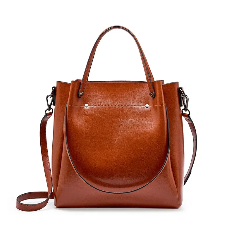 

Vintage Double Handle Genuine Leather Bags For Women 2023 New Oil Wax Cowhide Handbag Fashion LadiesTote or Shoulder Bag