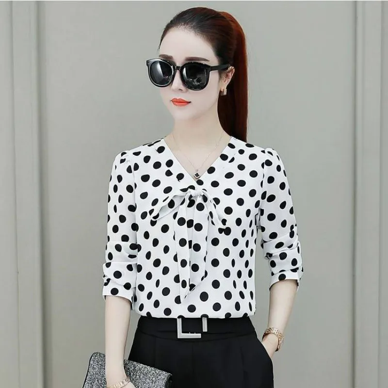 New Women V-neck Polka Dot Printed Bottom Shirt & Blouses Female Long-sleeved Lace-up Chiffon Tops & Blouses 5XL