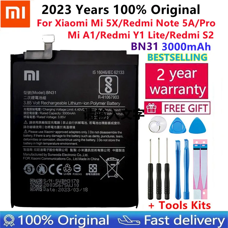 

Xiao Mi Original Phone Battery BN31 For Xiaomi Mi 5X Mi5X Redmi Note 5A / Pro Mi A1 Redmi Y1 Lite S2 3000mAh Batteries + Tools