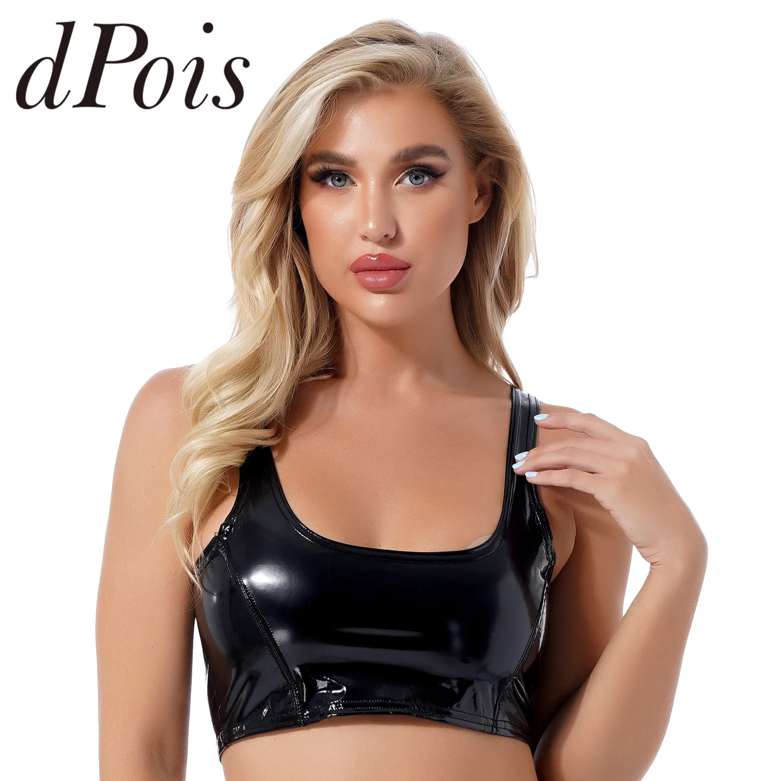 

Women Wet Look Patent Leather Tank Top Zipper Back Tanks Vest for Pole Dancing Rave Costume 2022 Fashion Women's Cropped Tops