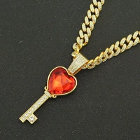hip hop iced out cuban chains bling diamond red stone ruby key pendant mens necklaces miami gold chain charm mens jewelry choker