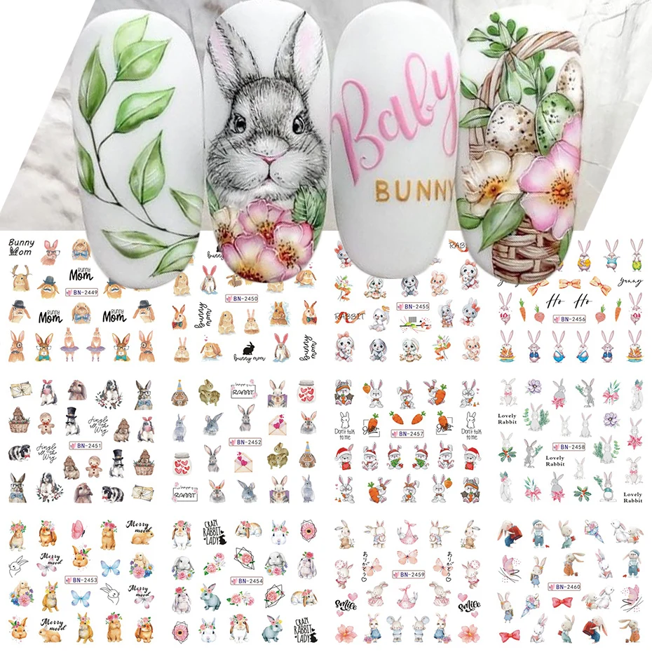 

12pcs Cartoon Rabbit Nail Stickers Cute Bunny Ears Winter New Year Spring Flower Water Decals Sliders Manicure Decoration BEBN