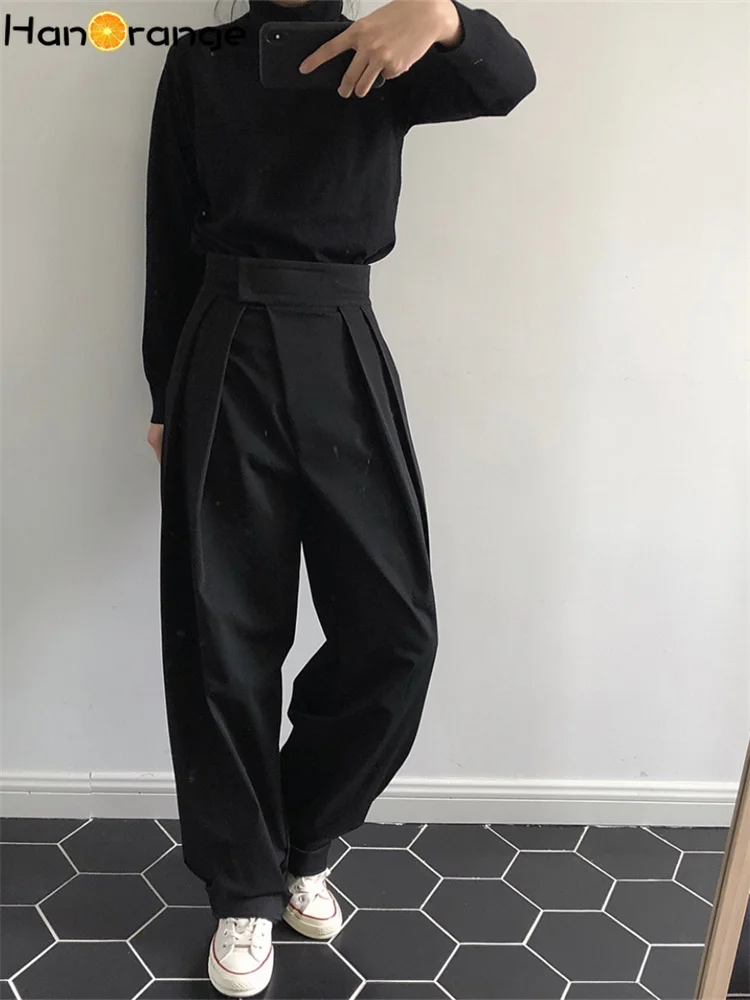 

HanOrange 2022 Autumn High Waist Pleated Slanted Placket Wide Leg Radish Pants Women Loose Casual Straight Black Trousers Female