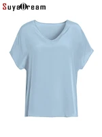 suyadream women t shirt 100real silk solid v neck t shirt short bat sleeved cozy tees 2022 spring summer simple top blue