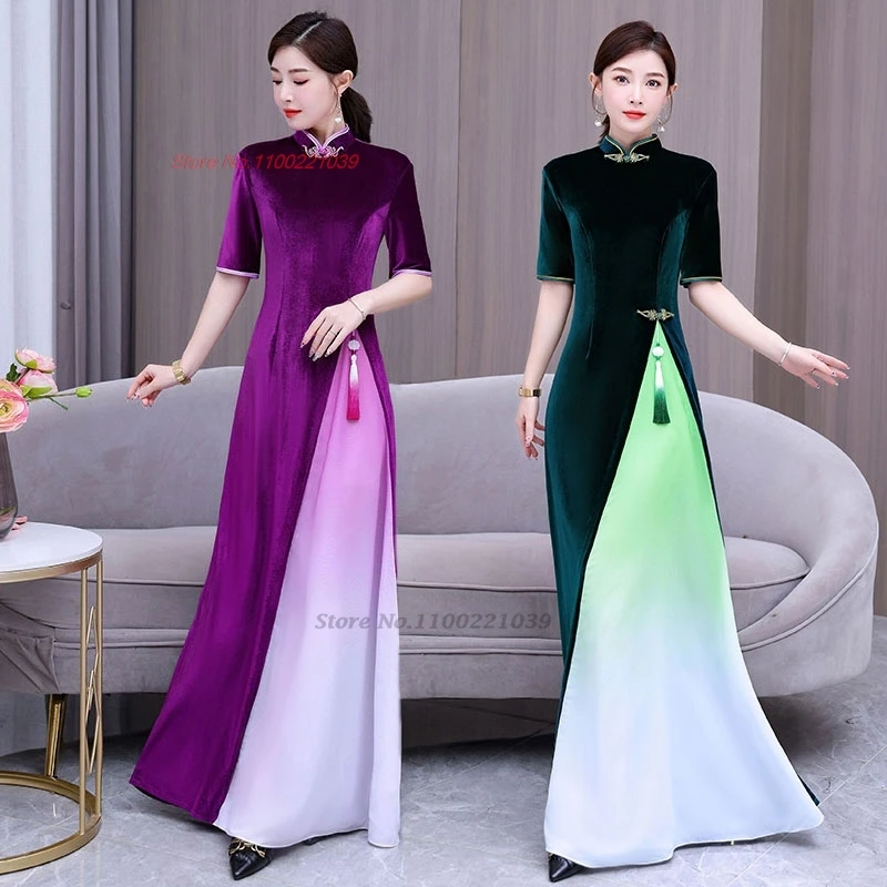 2024 вьетнамское традиционное платье Aodai бархатное Cheongsam градиентный цвет Ципао