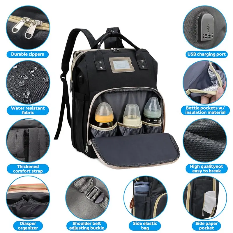 Diaper Bag Backpack, Multifunctional Baby Changing Bag with Foldable Crib & Insulated Milk Bottle Pocket, Large Capacity Travel