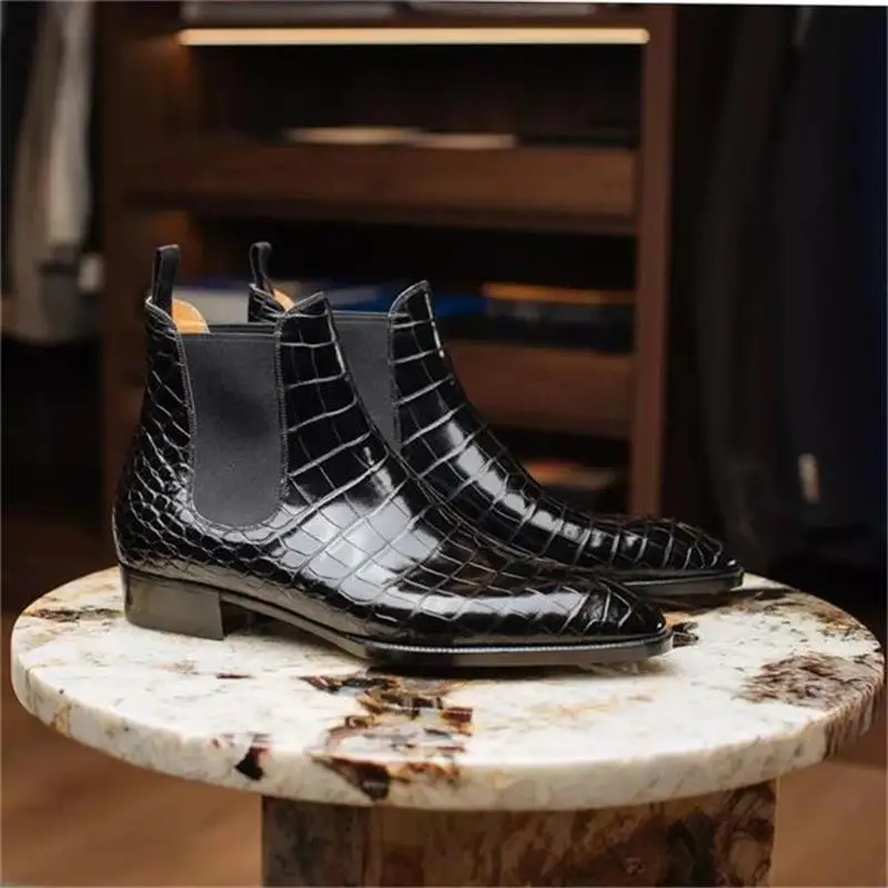 

New Chelsea Boots Men Boots PU Solid Color Classic Casual Business Party Banquet Crocodile Print Slip-On Dress Boots AQ576