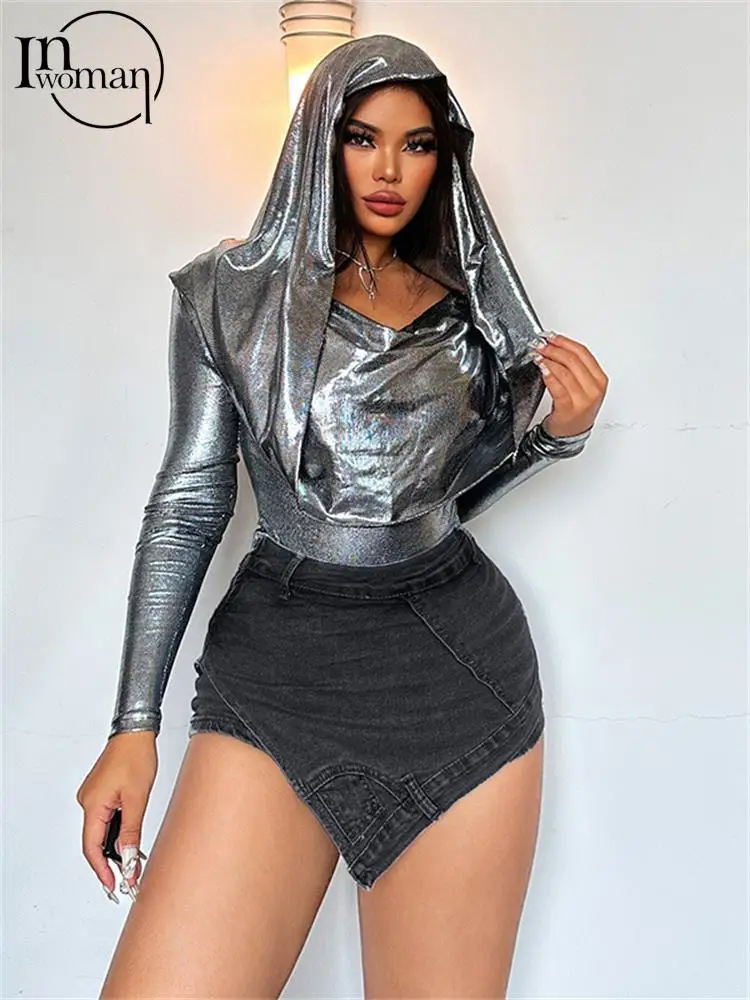 

Inwoman Autumn Black Hooded Bodycon Bodysuit Night Club For Women 2023 Long Sleeve Fashion Bodysuit High Waist Sexy Bodysuits