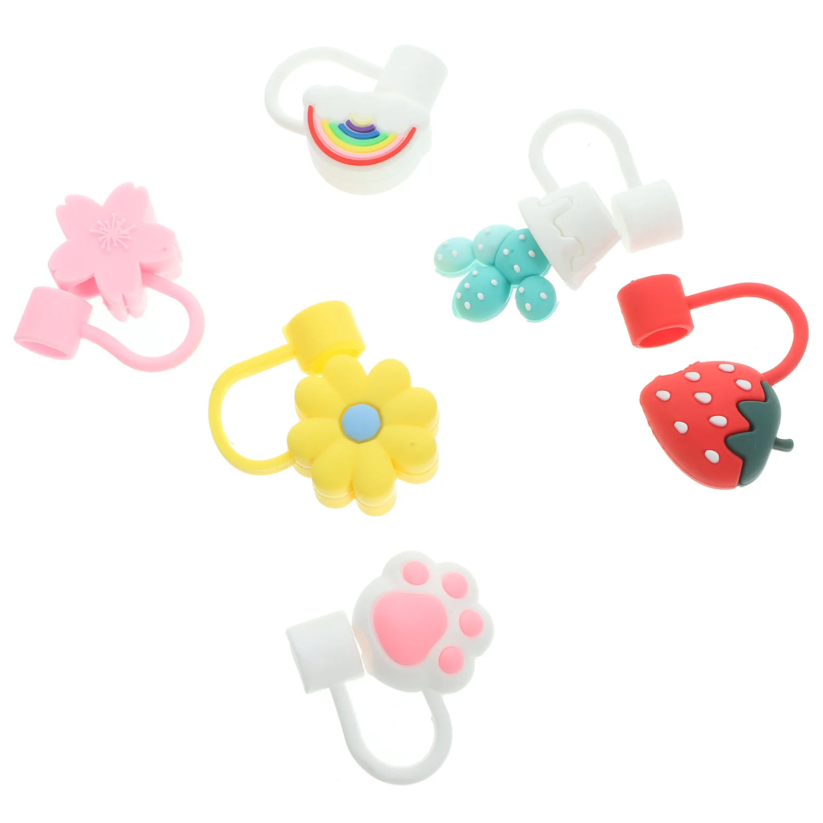 

6 Pcs Strawberry Plastic Lids Cherry Blossoms Covers Reusable Straws Caps Topper Pvc Tip