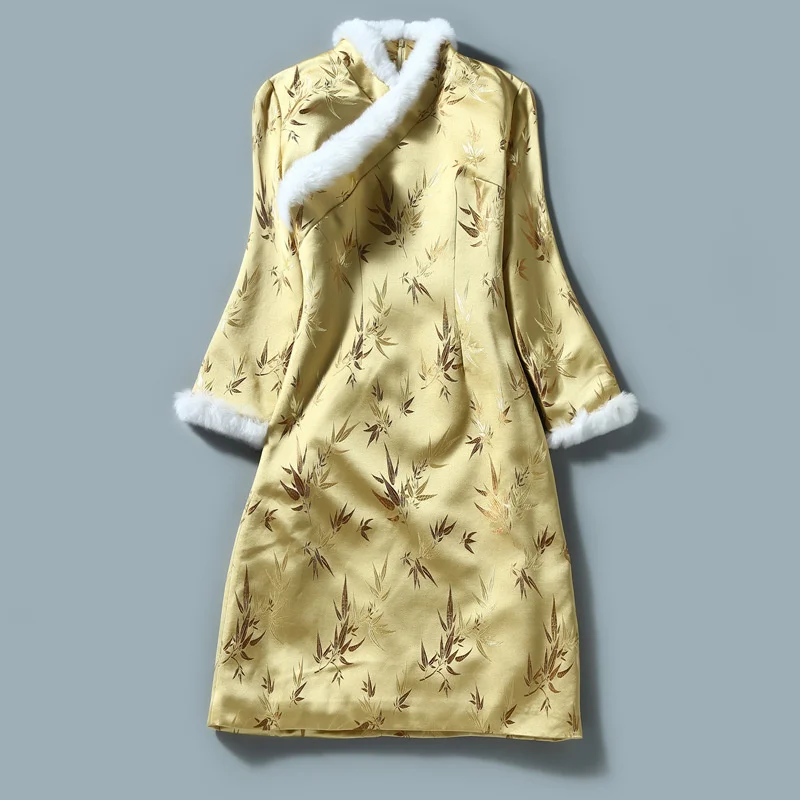 

Зимнее платье Hanfu, приталенное, высококачественное, желтое, винтажное, Qipao, женские элегантные китайские вечерние платья, красный костюм Тан, китайская одежда