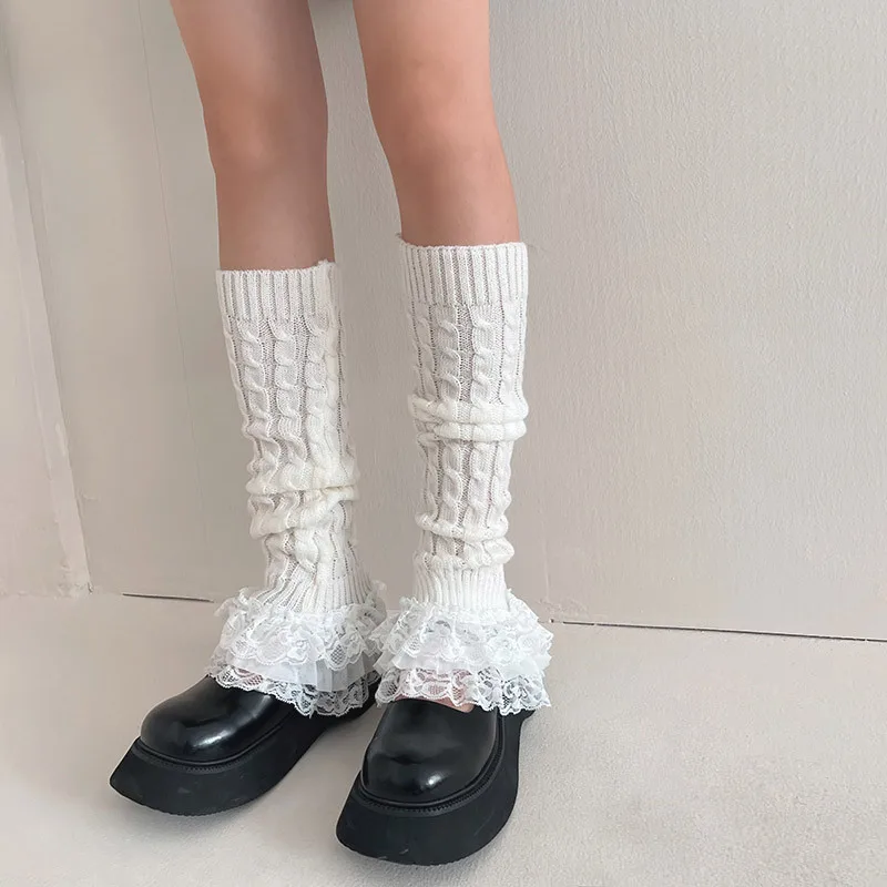 

Multi-Layer Lace Leg Warmer Japanese Style Autumn Winter Twist Stripes Knitted Long Socks JK Bunching Socks Boot Cuffs