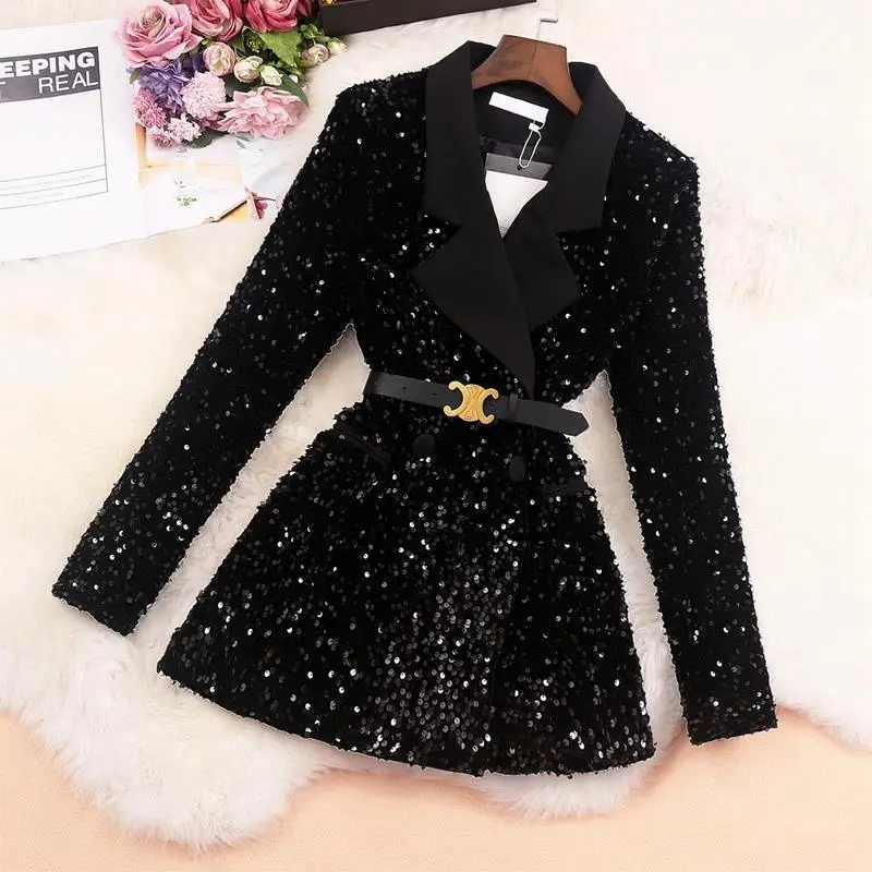 

High Quality Fashion Designer Blazer Women Double Buttons Notched Collar Glitter Sequined Long Sleeve Runway Black Blazers E857