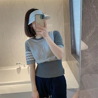 summer tb color blocking round neck pullover short sleeved womens contrast color sleeves fine wool knit casual t shirt top