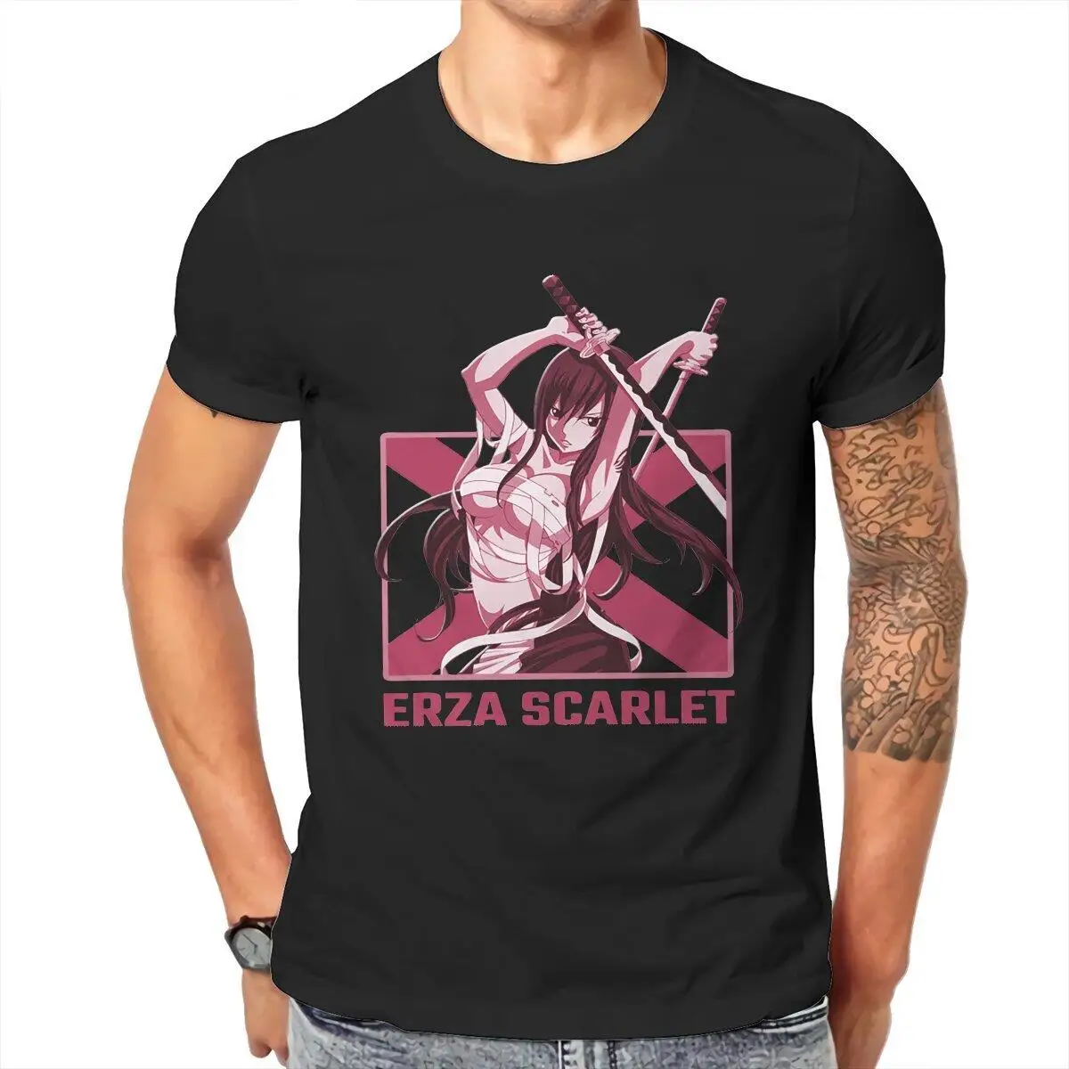 Fairy Tail Erza Scarlet  T-Shirts for Men  Vintage Cotton Tee Shirt O Neck Short Sleeve T Shirts Original Clothing