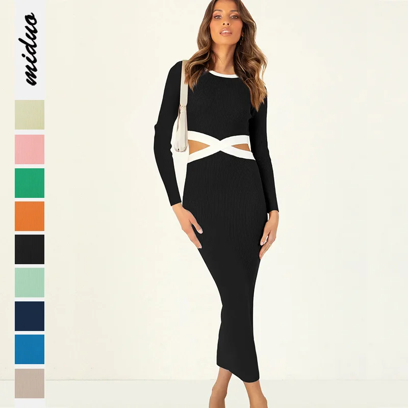 

Fashion new French high-grade rib hollow tight-fitting long-sleeved dress sexy and elegant hip skirt sexy dress