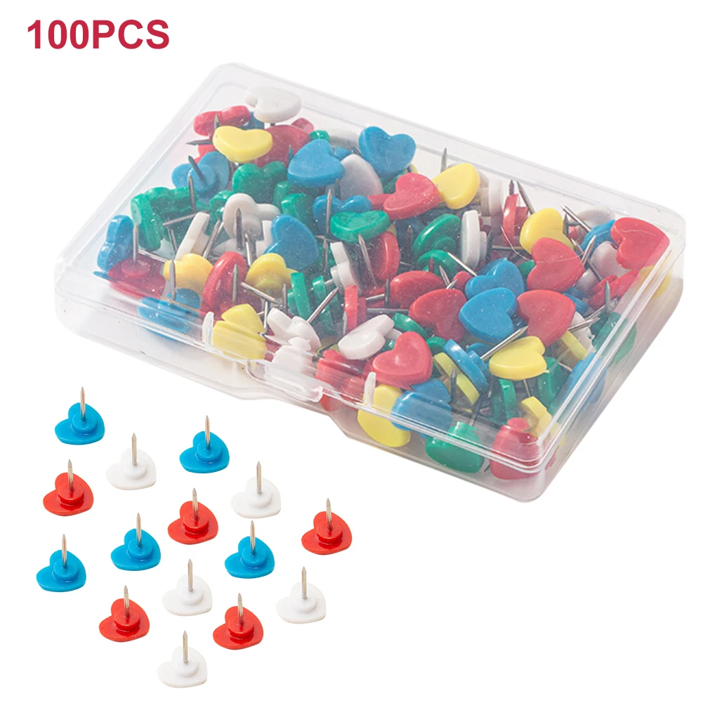 

100pcs Map Drawing Pinboard School Colorful Heart Stationery Bulletin Board Push Pin Office Thumb Tack Home Craft Marker Wall