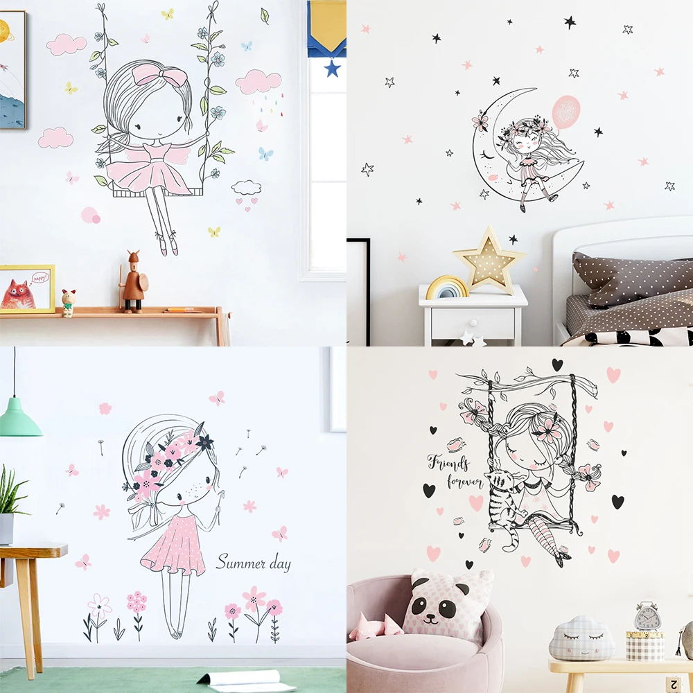 

Настенные стикеры в виде качели для девушек, для спальни, гостиной, фоновое украшение для дома, обои с цветами и растениями, для девичьей ком...