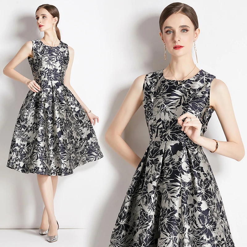 

JAMERARY Women Dress New Spring Summer Fall Jacquard O-Neck Sleeveless Tunic Slim Midi Vestidos Beach Holiday Ball Gown