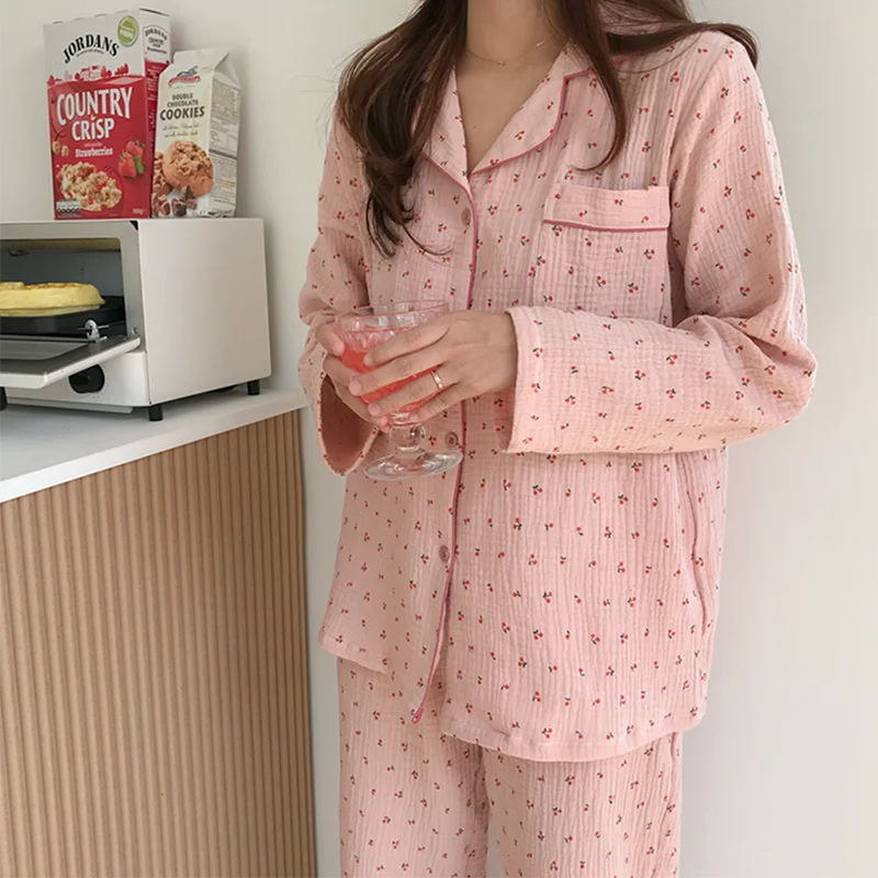Cotton Linen Sleepwear Set Sweet Cute Cherry Print Pajamas Vintage Kawaii Notched Pocket Home Suit Shirt+Trousers Button S890