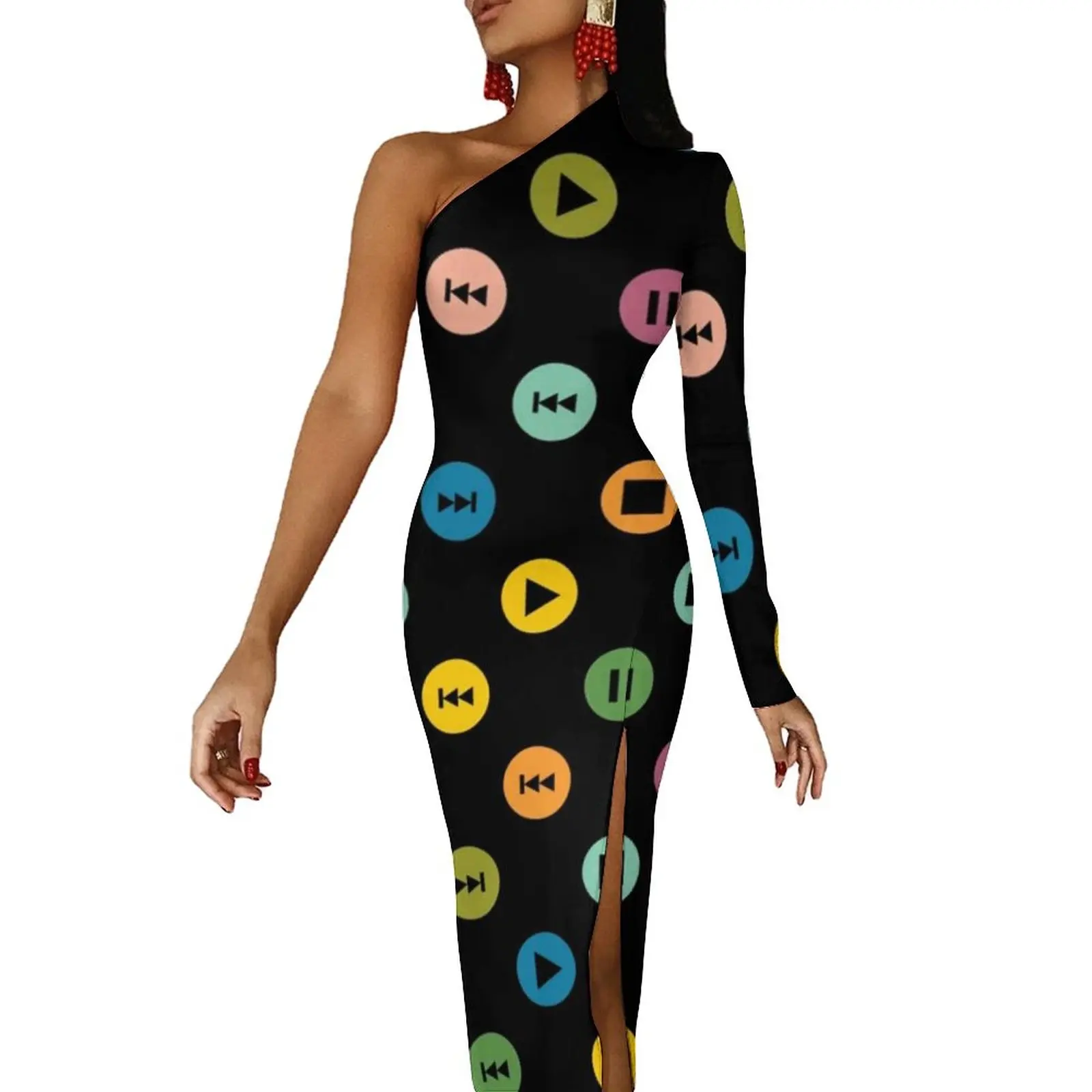 

Music Player Icons Bodycon Dress Women Polka Dots Print Elegant Maxi Dress Long Sleeve Streetwear Graphic Dresses Birthday Gift