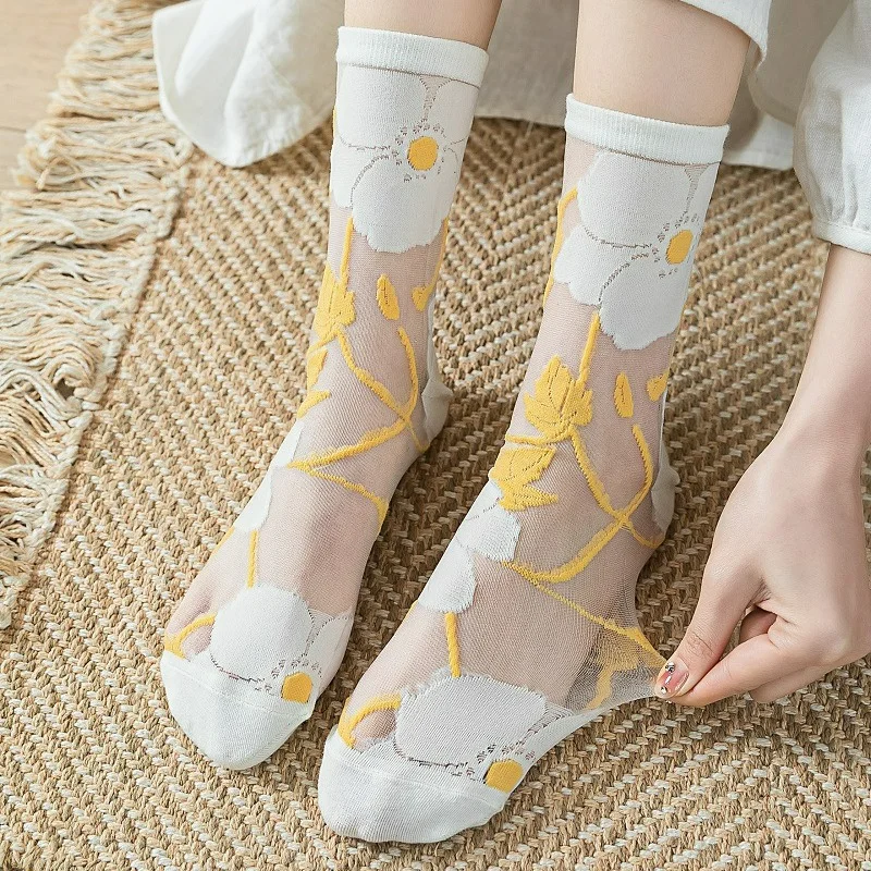1pair Sock Women's New Fashion Spring Flower Cotton Casual Breathable Thin Transparent Women Crew Socks Trendy Cute High Quality