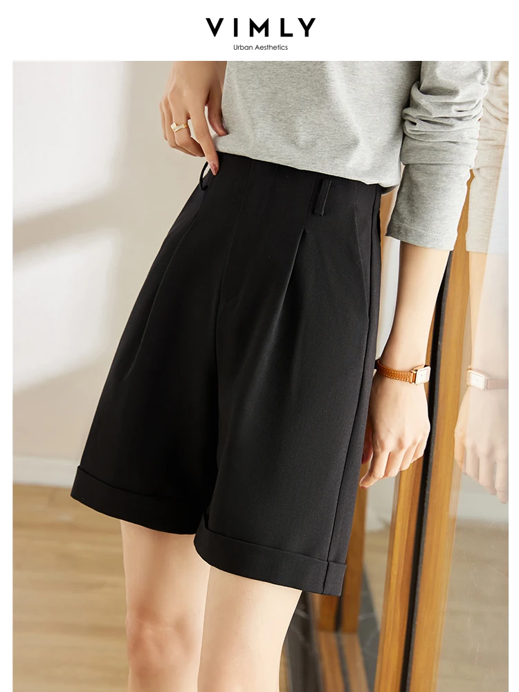 Vimly Black Suit Shorts for Women 2023 Summer Trousers Fashion High Waist Slim Waist Pleated Straight Wide Leg Casual Pants