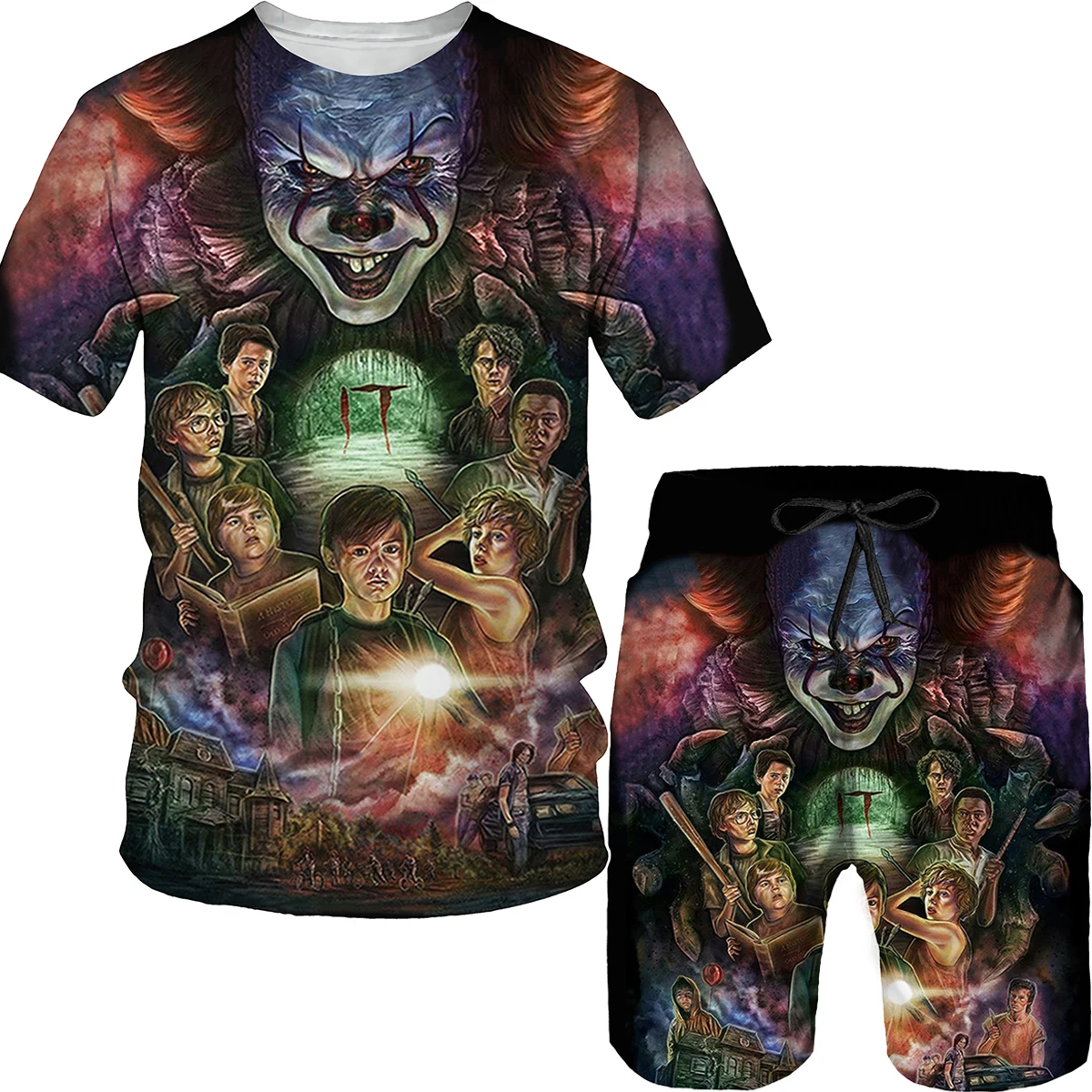 

Летние мужские Ужасы клоун 3D Печатные Топы Брюки Комплект Хэллоуин женская верхняя одежда Новинка футболки/шорты/костюмы большого размера