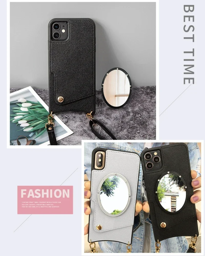 Новинка кожаный чехол для iphone14 с зеркалом макияжа картой телефона диагональю 13