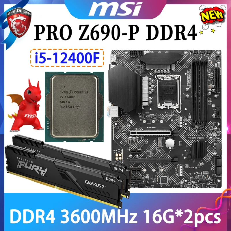 

MSI PRO Z690-P DDR4 Motherboard + Intel i5 12400F CPU + D4 3600MHz 16GB *2pcs RAM LGA 1700 128GB PCI-E 5.0 GAMING ATX Mainboard