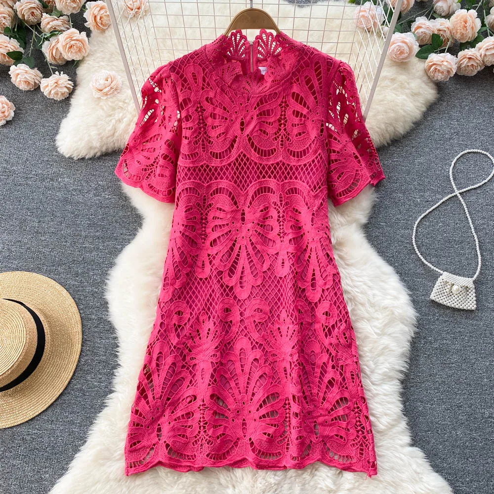 

2022 Spring Summer Women New Fashion Stand Neck Hollow Slim Lace Loose Short Sleeve Dress Casual Solid Color Vestidos E327