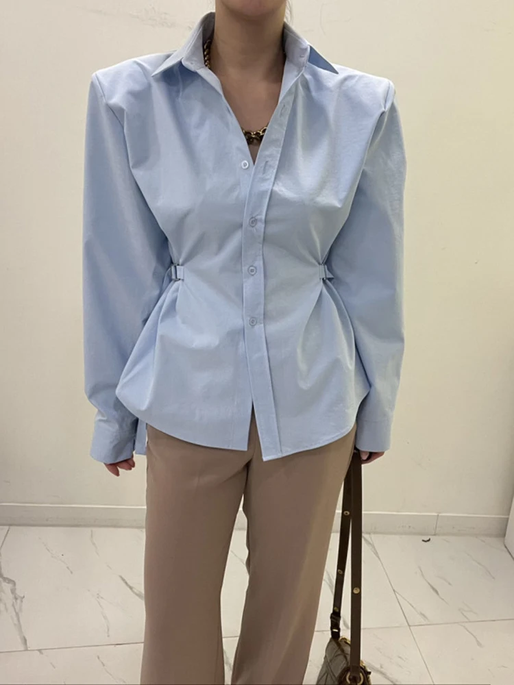 

Women Spring Autumn Shirt Soft Milk Blue Lapel Single Breasted Lace Up Waist Shows Thin Versatile Long-sleeved Shirt D2900