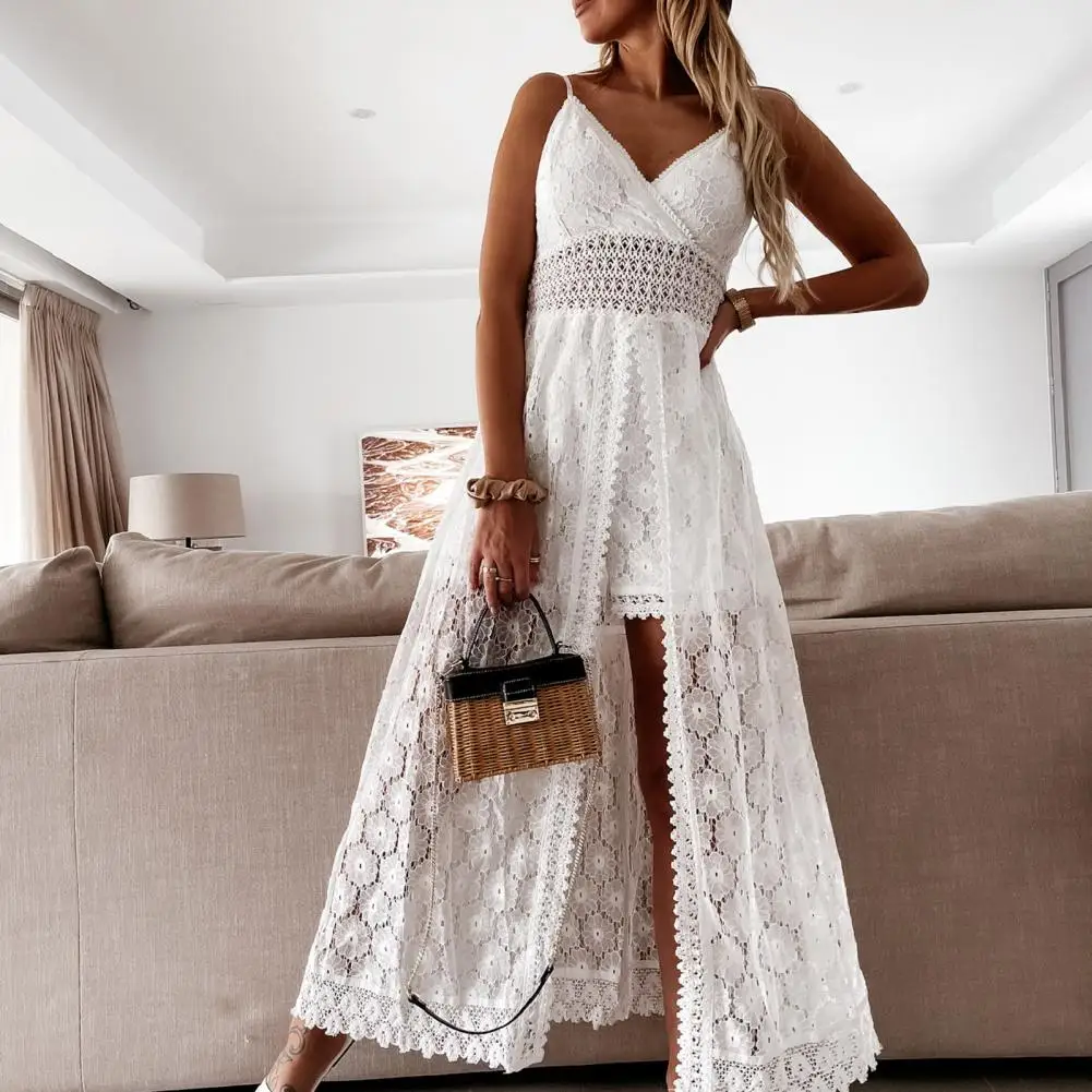 

Hollow Out Lace Summer V Neck Long Dress Stylish Breathable Large Hem Dress Casual A-Line Off Shoulder Jumpsuit for Party