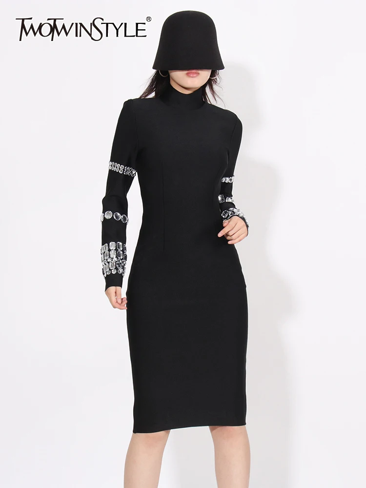 

TWOTWINSTYLE Solid Patchwork Diamonds Slimming Sexy Dresses For Women Turtleneck Long Sleeve High Waist Bodycon Dress Female New