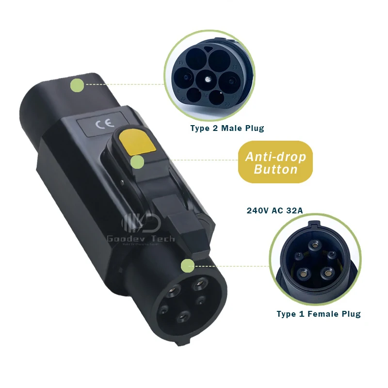 

Противоударный переходник для электромобиля 32 А, 220 В, 7 кВт, 62196 кВт, тип 2 переменного тока, IEC-2, вилка на тип 1, J1772, вилка