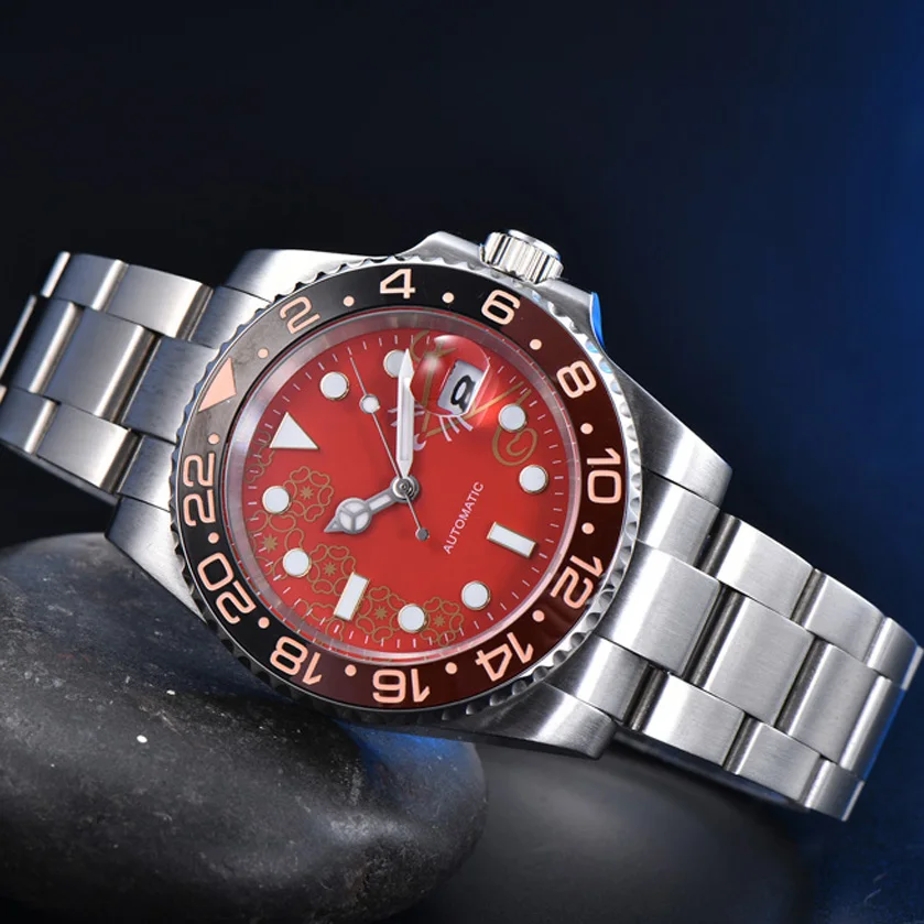 

Sterile red mouse face men's automatic mechanical watch stainless steel color two-color ceramic ring