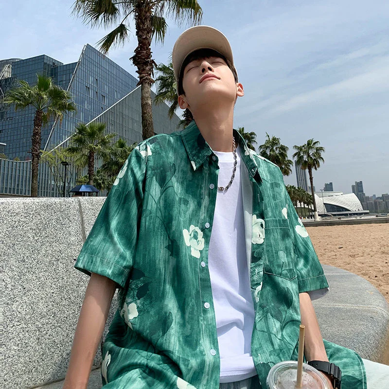 Summer Green Flower Shirt Men Fashion Print Casual Shirt Men Korean Loose Pocket Short Sleeve Shirt Mens Hawaiian Shirt M-2XL