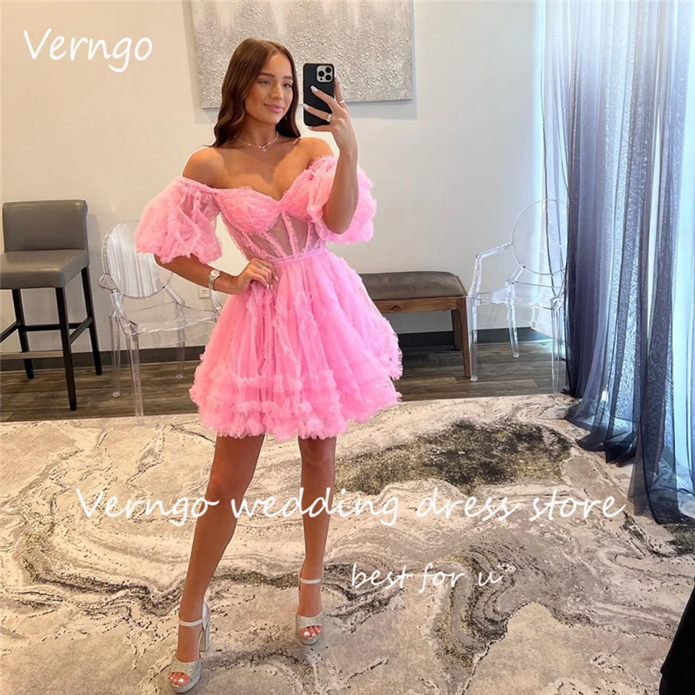 

Verngo Sweety Pink Short Prom Party Dresses Off the Shoulder Puff Sleeves Tiered Mini Sexy Cocktail Dress Formal Princess Gown