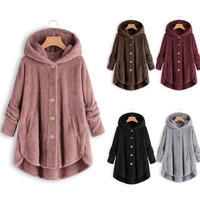 autumn and winter womens plaid loose velvet button street hooded jacket blouse irregular tide brand solid color coat