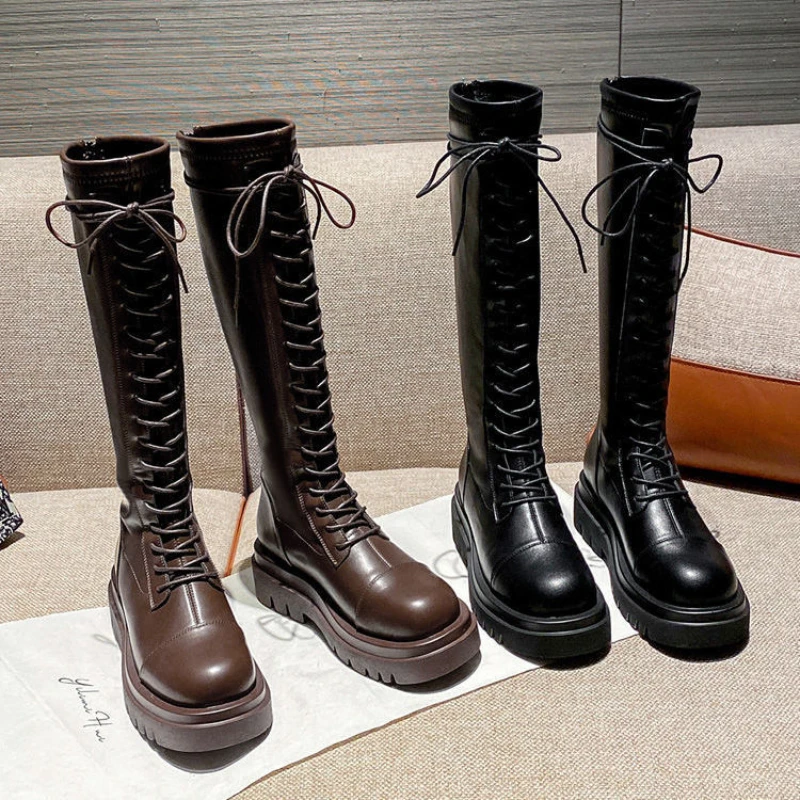 

35-40 Stretch Boots Women Lace Up Platform Boots High Quality Microfiber Leather Mid Calf Boots for Women