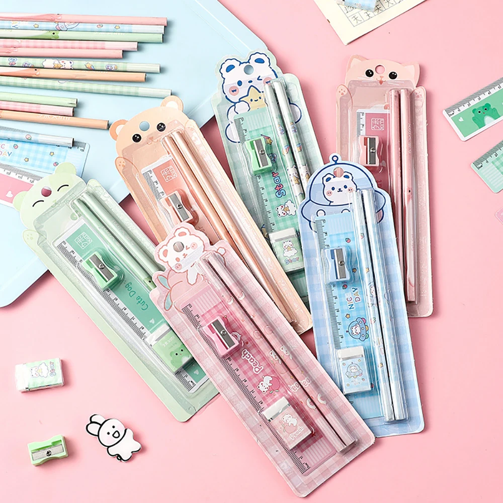 5Pcs Cute Cartoon Pencil Set Sharpener Eraser Ruler Set Gift for Kids School Office Writing Supplies Stationery images - 6